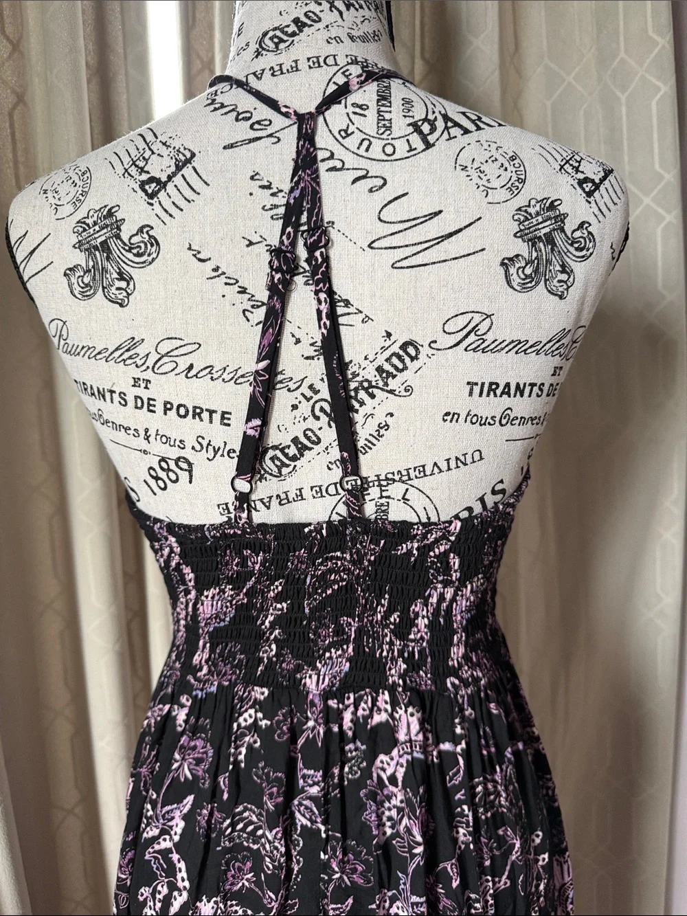 Free People Smocked Halter Floral Midi Dress in Black and Lilac